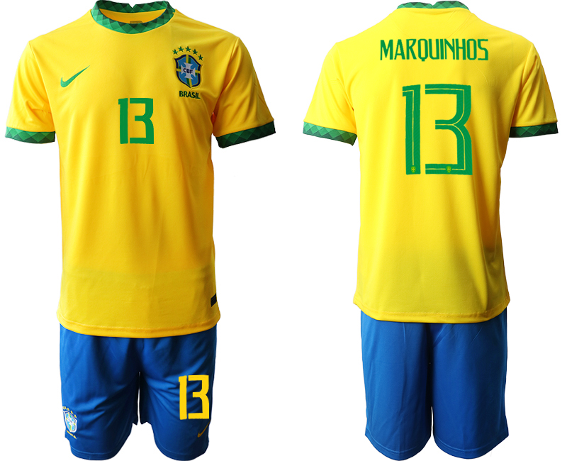 Men 2020-2021 Season National team Brazil home yellow #13 Soccer Jersey